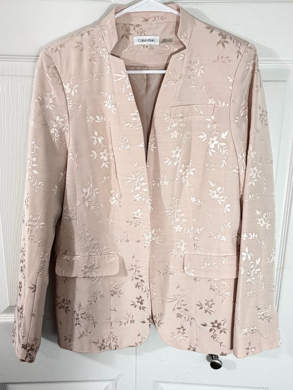 Calvin Klein Floral Jacquard Open Front Blazer Blush Womens 10 Elegant Chic